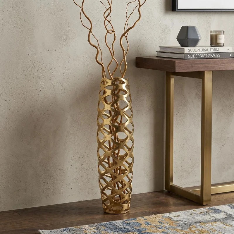 31 Gold Aluminum Pierced Geometric Cylinder Floor Vase