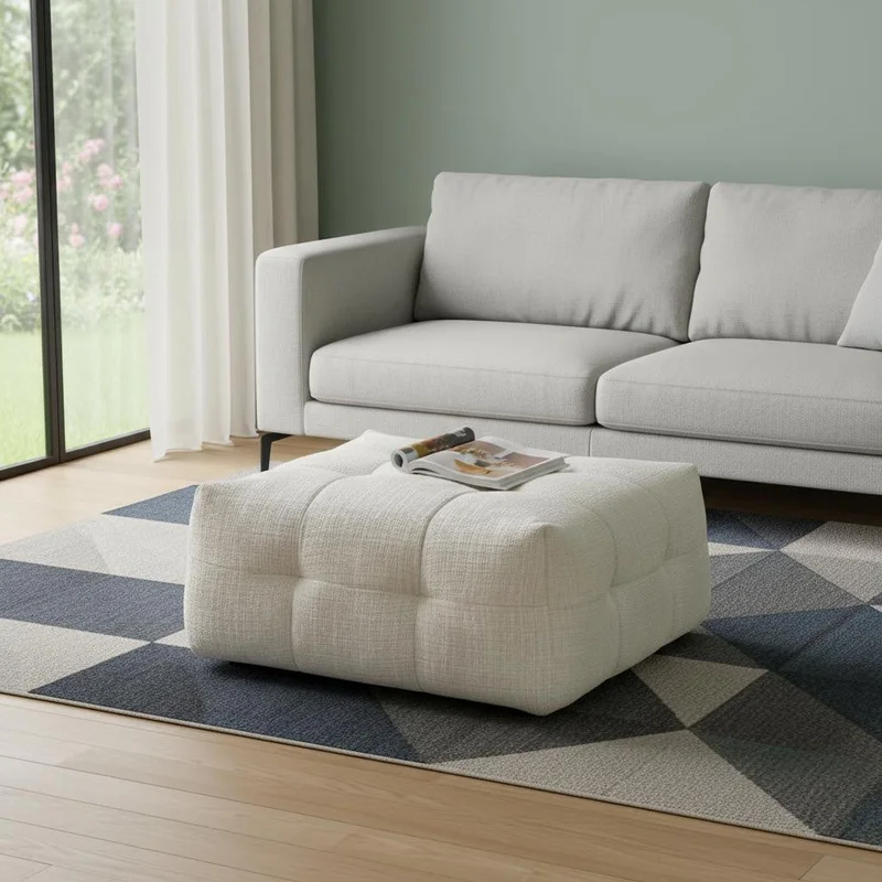 36 Beige and Black Chenille Tufted Pouf Ottoman