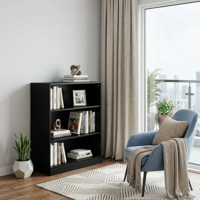 36 Black Solid Wood Adjustable Three Tier Library Bookcase