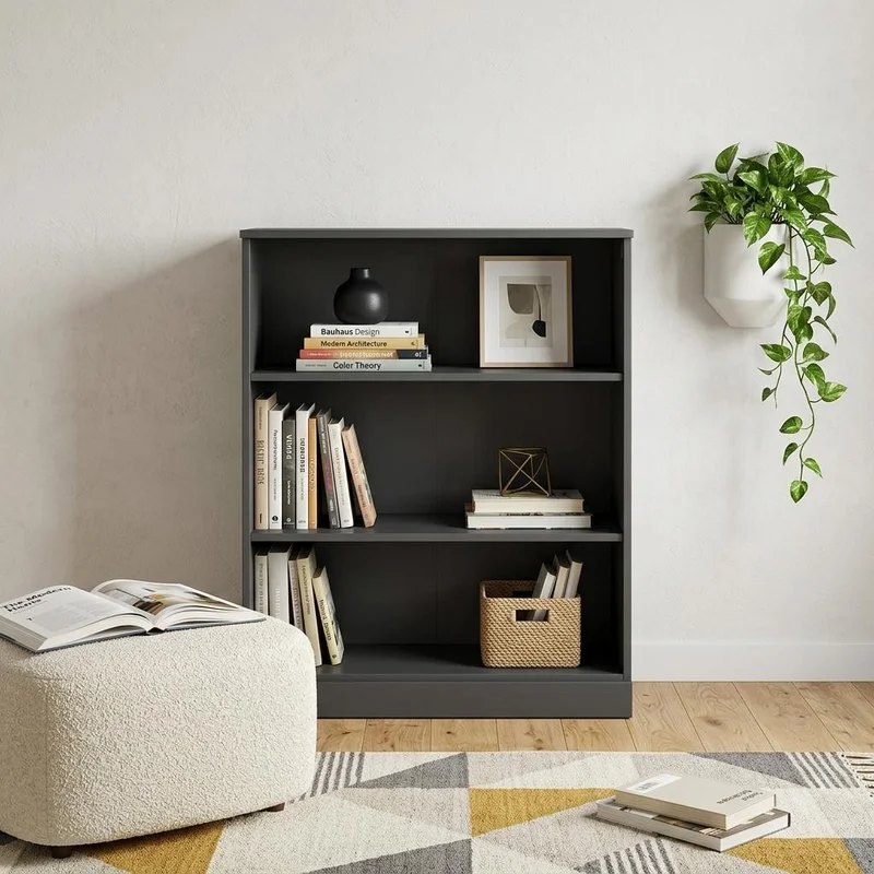 36 Gray Solid Wood Adjustable Three Tier Library Bookcase