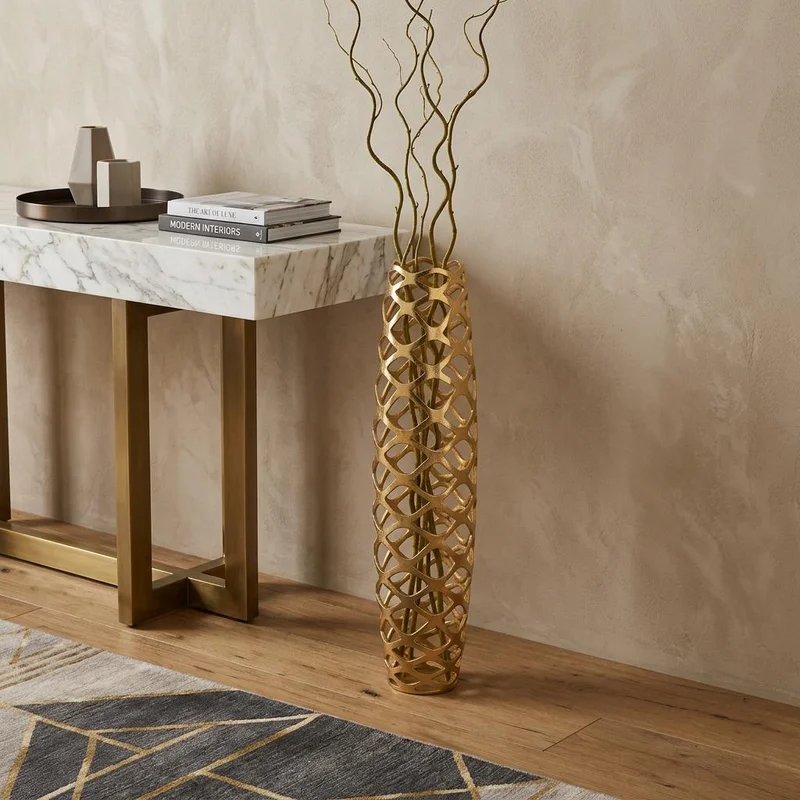 39 Gold Aluminum Pierced Geometric Cylinder Floor Vase