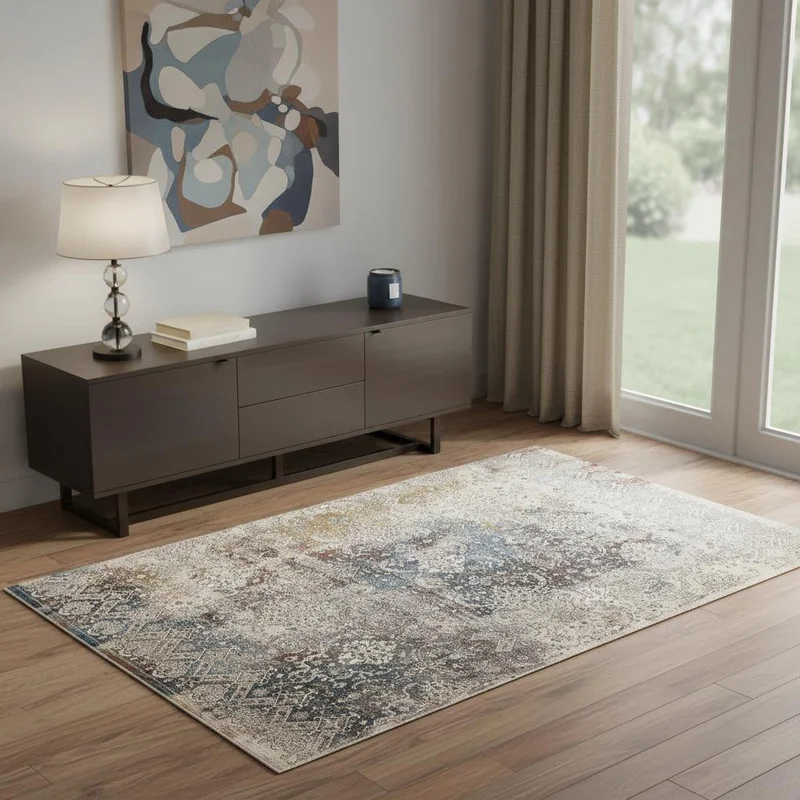 4 X 6 Blue And Orange Medallion Distressed Area Rug With Fringe
