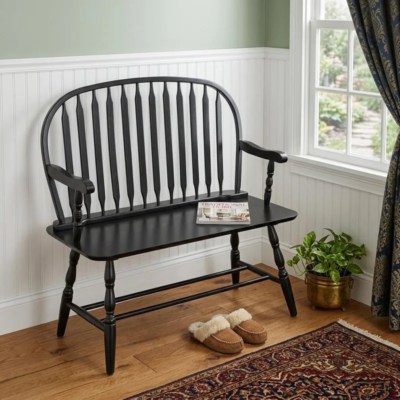 44 Black Wood Windsor Spindle Back Bench