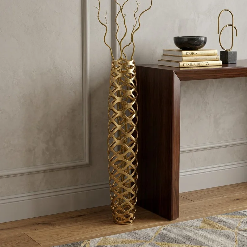 47 Gold Aluminum Pierced Geometric Cylinder Floor Vase