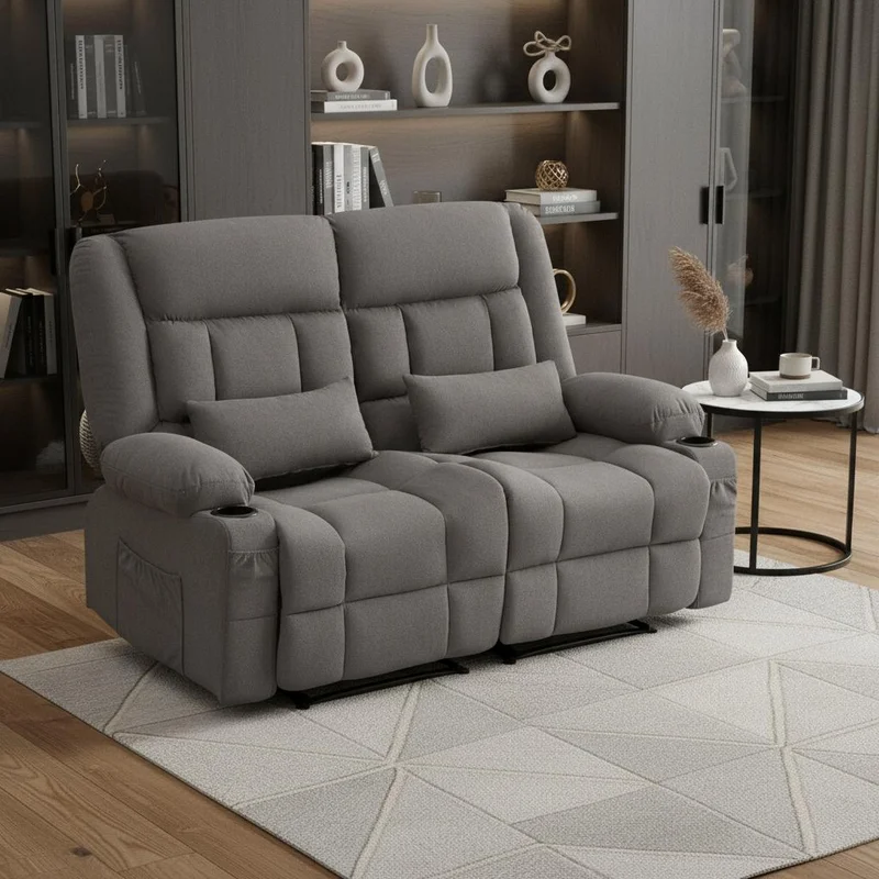 47 Gray Microfiber Manual Reclining Loveseat With Storage and Toss Pillows