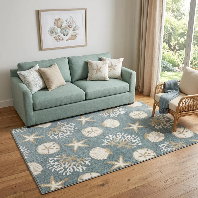 5 X 7 Blue And Beige Seashell and Coral Area Rug
