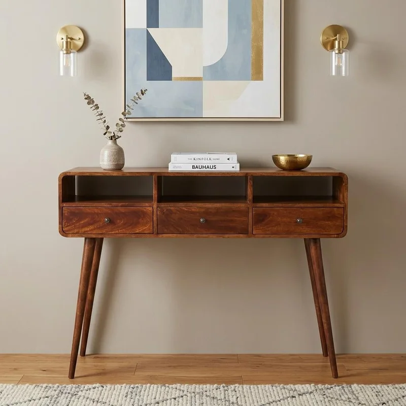 51 Chestnut Solid Wood Console Table With Three Shelves And Three Drawers