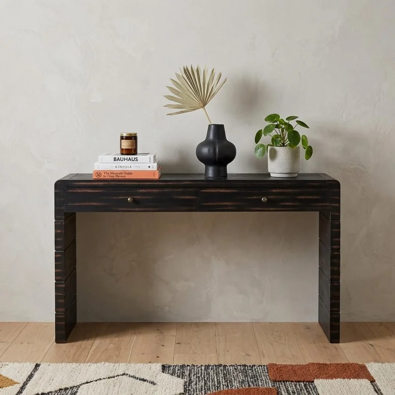 55 Black Wood Distressed Double Pedestal Console Table With Two Drawers