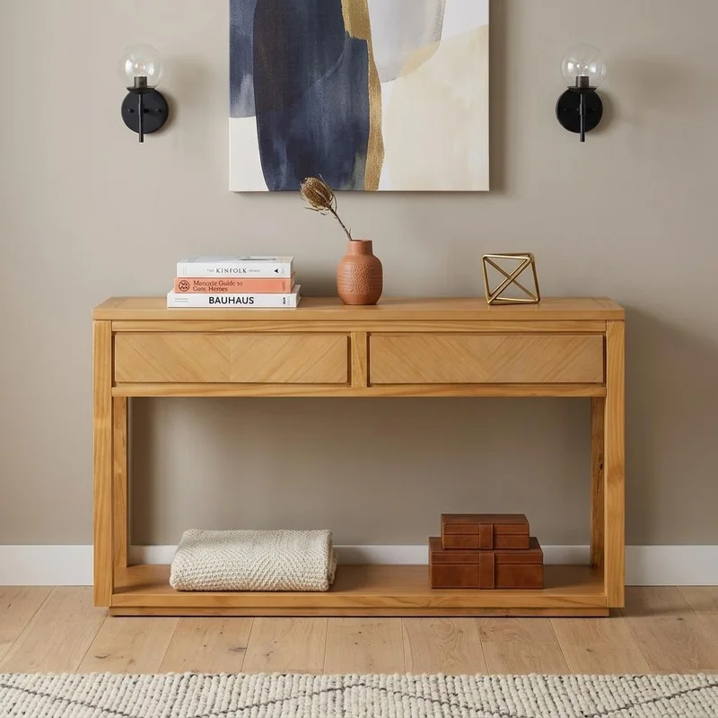 55 Natural Wood Floor Shelf Console Table With Shelf And Two Drawers