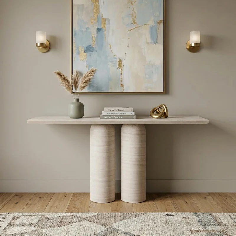 60 Beige Genuine Marble Pedestal Console Table