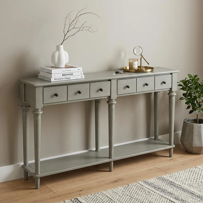 60 Gray Wood Six Leg Console Table With Shelf And Four Drawers