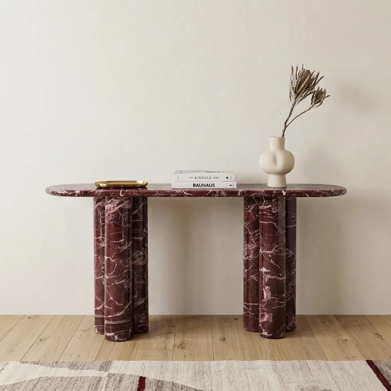 60 Red Genuine Marble Oval Double Pedestal Console Table