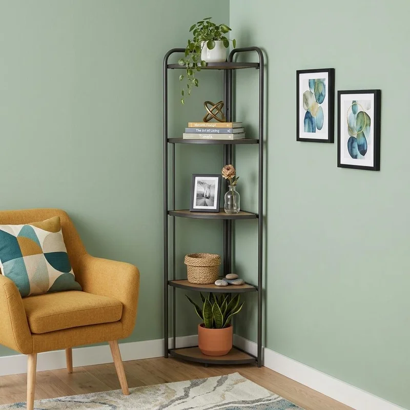 62 Black And Brown Metal and Wood Five Tier Corner Bookcase