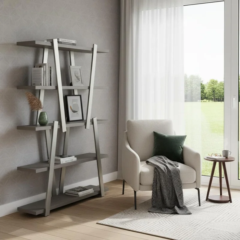 71 Gray And Silver Stainless Steel and Wood Four Tier Geometric Bookcase