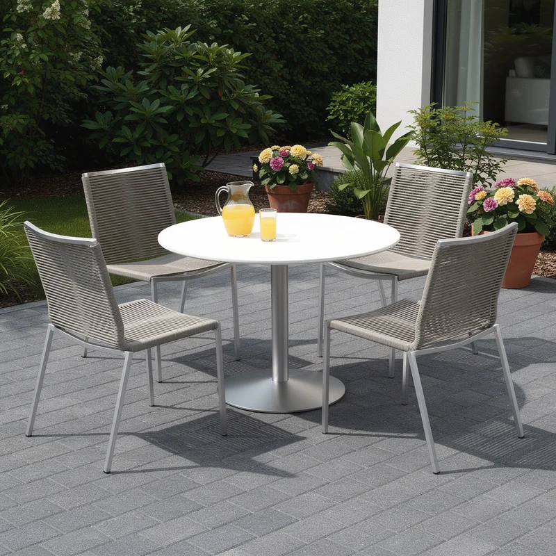 Set of Four Light Brown And Silver Woven Steel Outdoor Dining Chairs