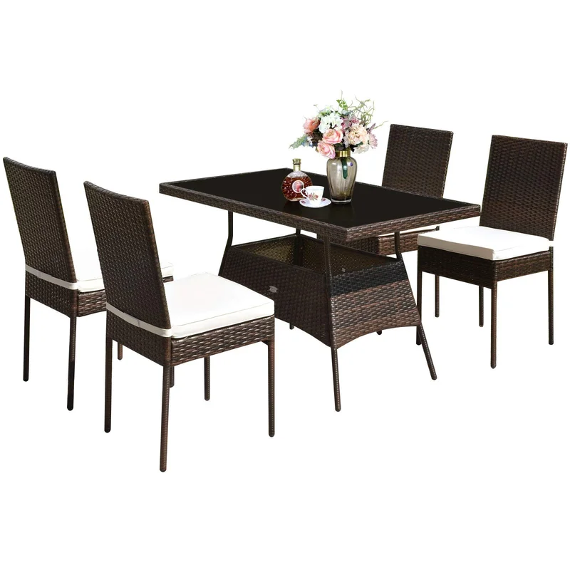 Tangkula 5 Piece Patio Wicker Dining Set Outdoor Rattan Table and Chairs with w/Tempered Glass Table Top & Padded Cushions Wic