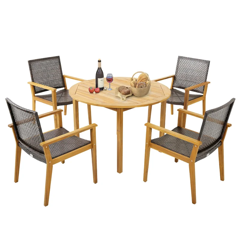 Tangkula 5 Pieces Patio Dining Set 4 Patio Wicker Armchairs and Round Acacia Wood Dining Table Outdoor Table and Chairs Set fo