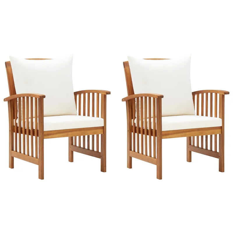 vidaXL Outdoor Dining Chairs Set of 2 Solid Acacia Wood with White Cushions Natural Finish Slatted Design for Garden Patio
