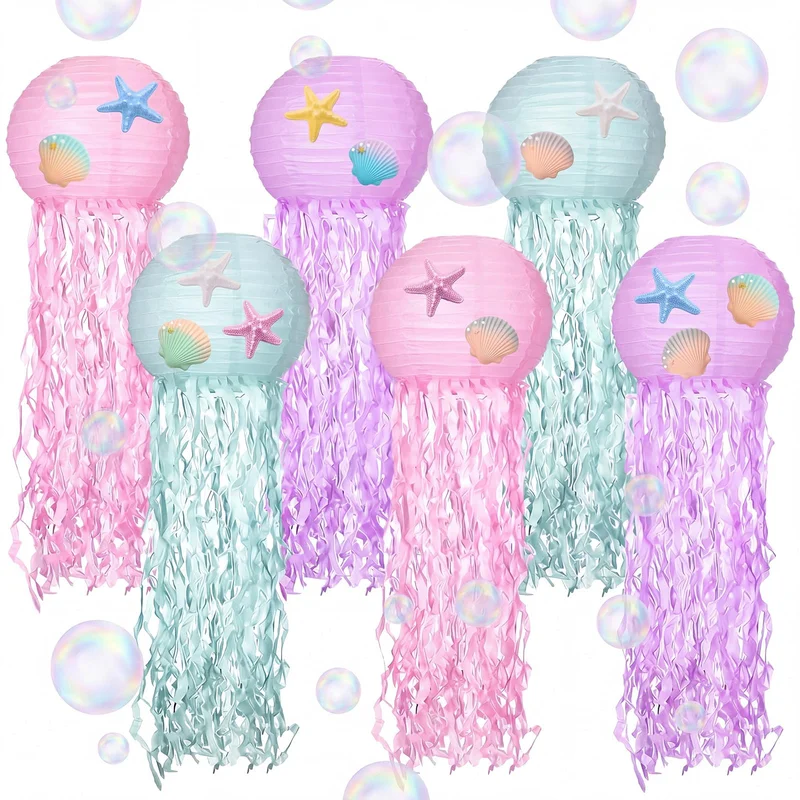 VioraWhite 18 Pcs Mermaid Birthday Party Decorations 6 Pcs 9.8 Hanging Jellyfish Paper Lanterns 8 Starfish Decor 2 Holographic