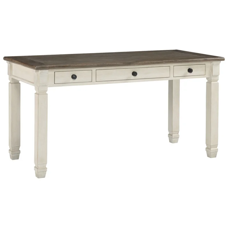 Three Drawer Wooden Desk with Plank Style Top Brown and White