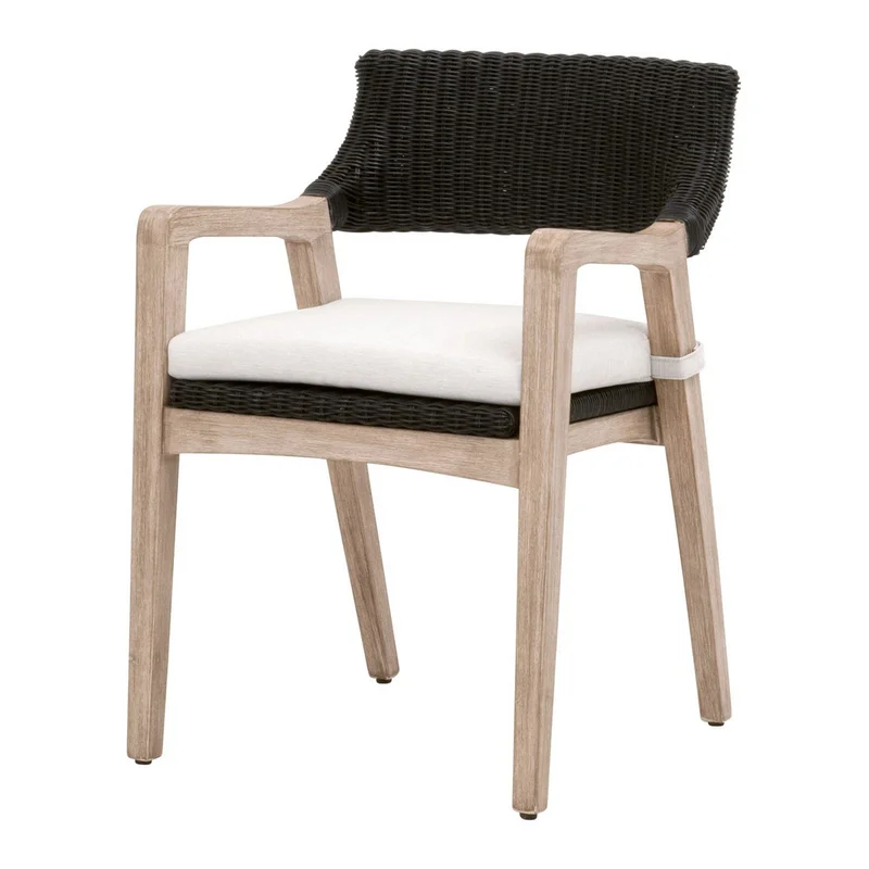 Uto 22 Inch Dining Outdoor Armchair Black Rattan White Olefin Upholstery