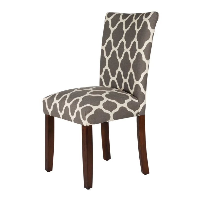 Wooden Parson Dining Chair with Quatrefoil Pattern Fabric Upholstery Gray and White Set of Two