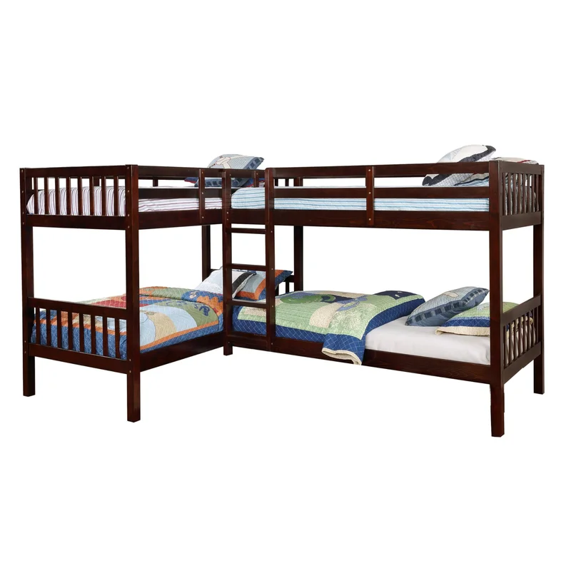 Wooden L Shaped Twin Quad Bunk Bed with Attached Ladder Brown