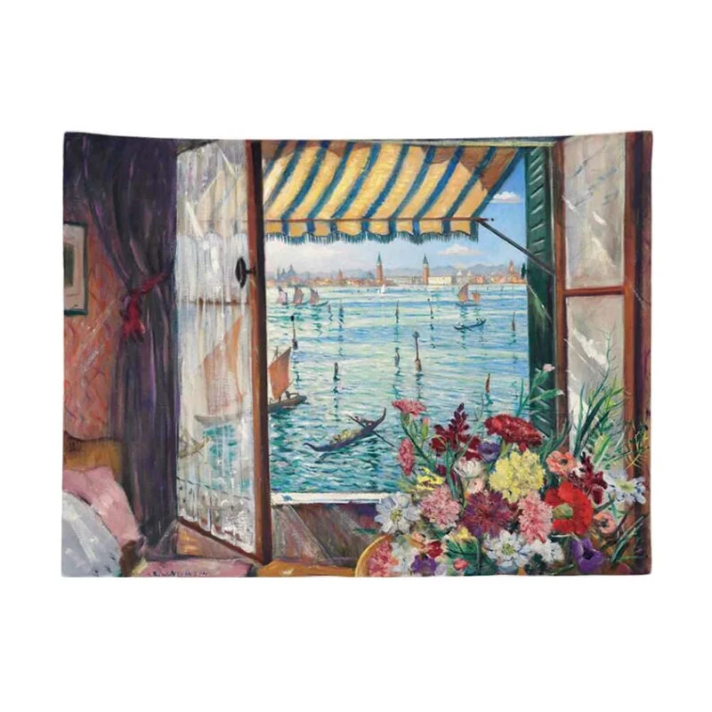 Window Venice Wall Tapestry Vintage Oil Painting Bedroom Dormitory Decorative Tapestry 29x39 inch