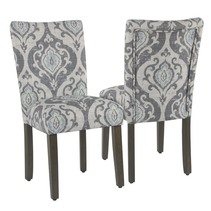 Wooden Dining Chair with Damask Print Fabric Upholstery Gray and Blue Set of Two