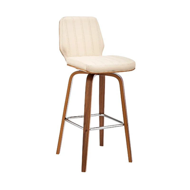 Swivel Barstool with Channel Stitching and Wooden Support Brown and Cream
