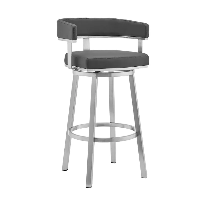 Swivel Barstool with Curved Open Back and Metal Frame Gray and Silver