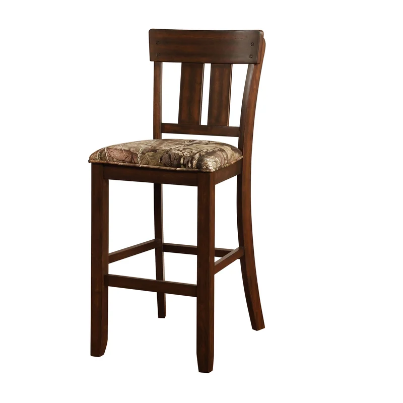 Wooden Bar Stool with Camouflage Fabric Seat Brown