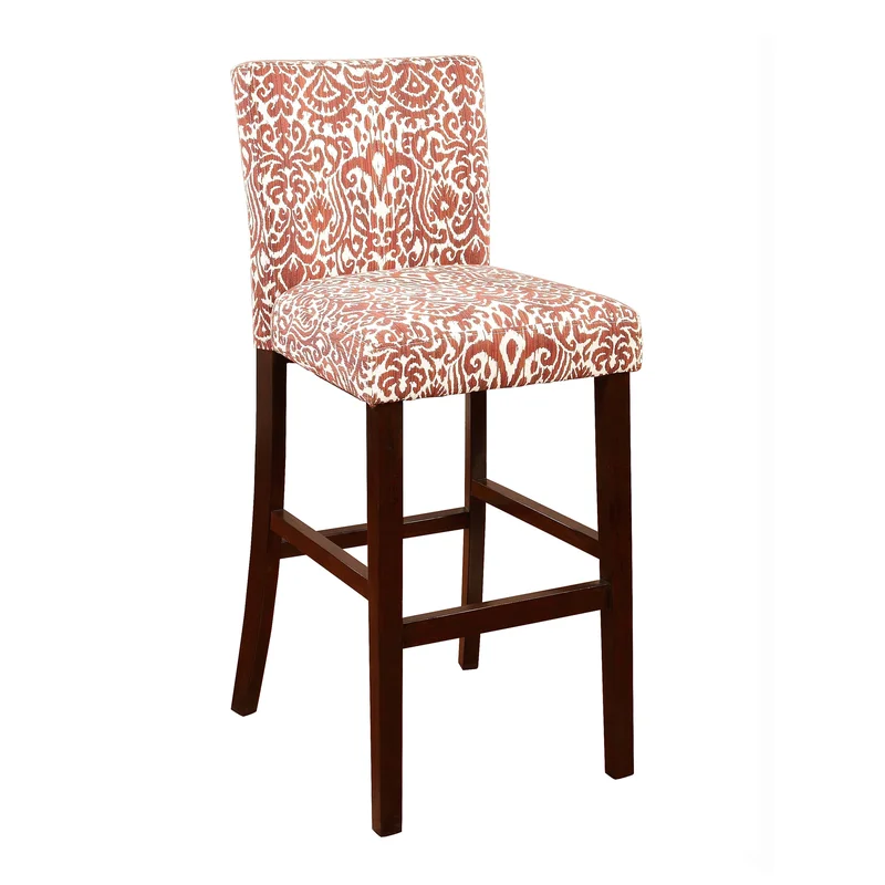 Wooden Bar Stool with Patterned Fabric Upholstery Red and White