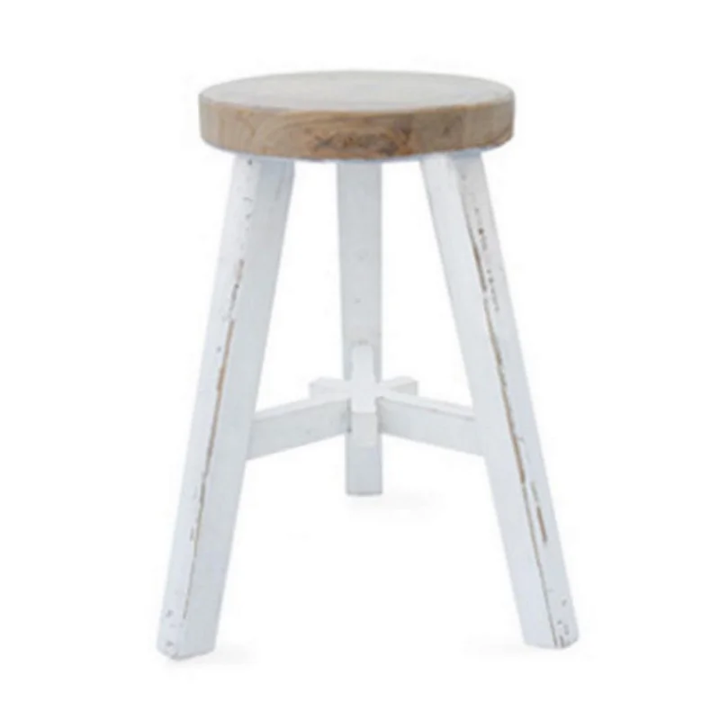 17 Inch Accent Stool Round Brown Seat Hand Painted White Tripod Legs