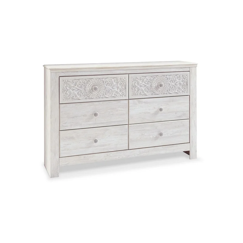 61 Inch Modern Wide Dresser Whitewashed Wood 6 Drawers Medallion Details