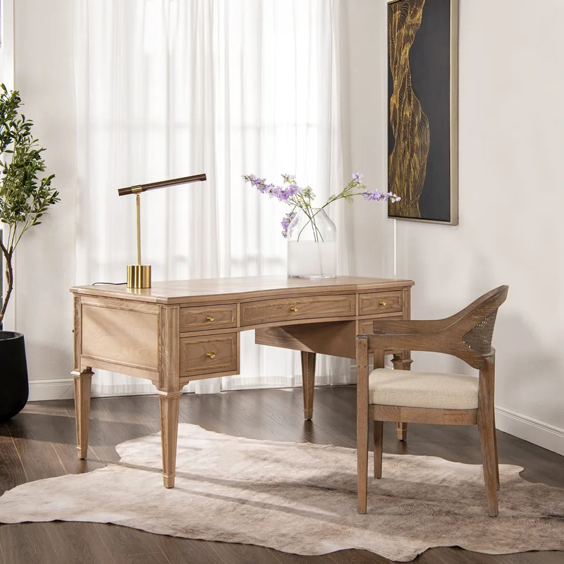 Dauphin Gold Accent 5-Drawer Wood Executive Desk Natural Brown Wood