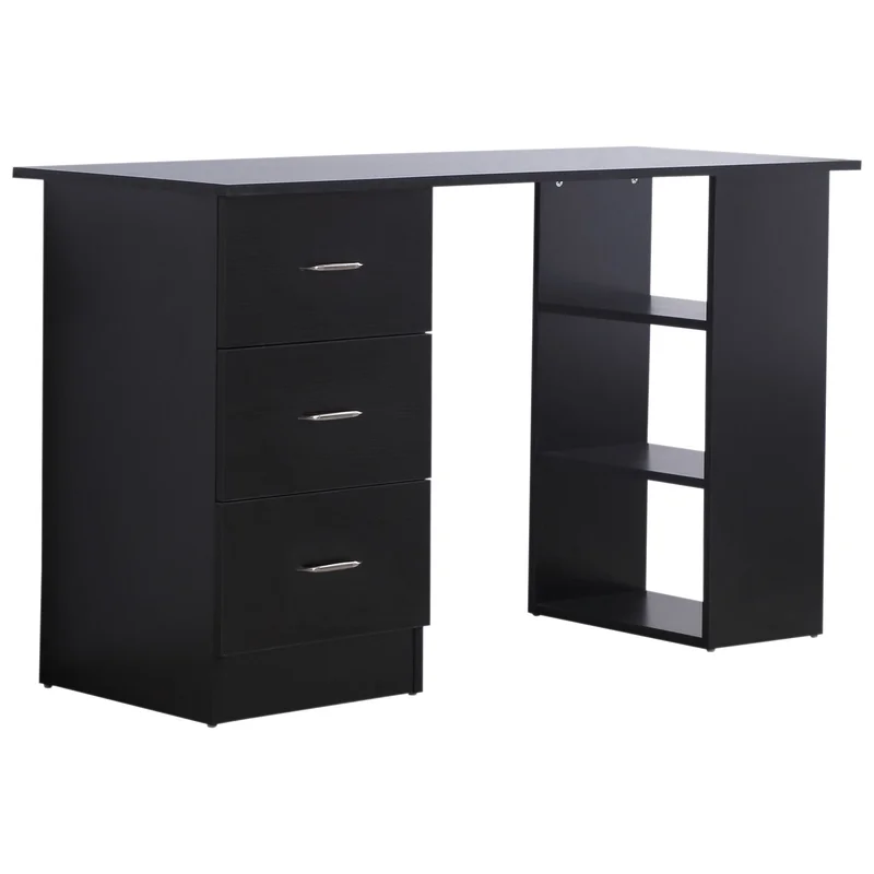 47 Modern Home Office Computer Workstation Desk with 3-Tier Shelves 3 Storage Drawers - Black