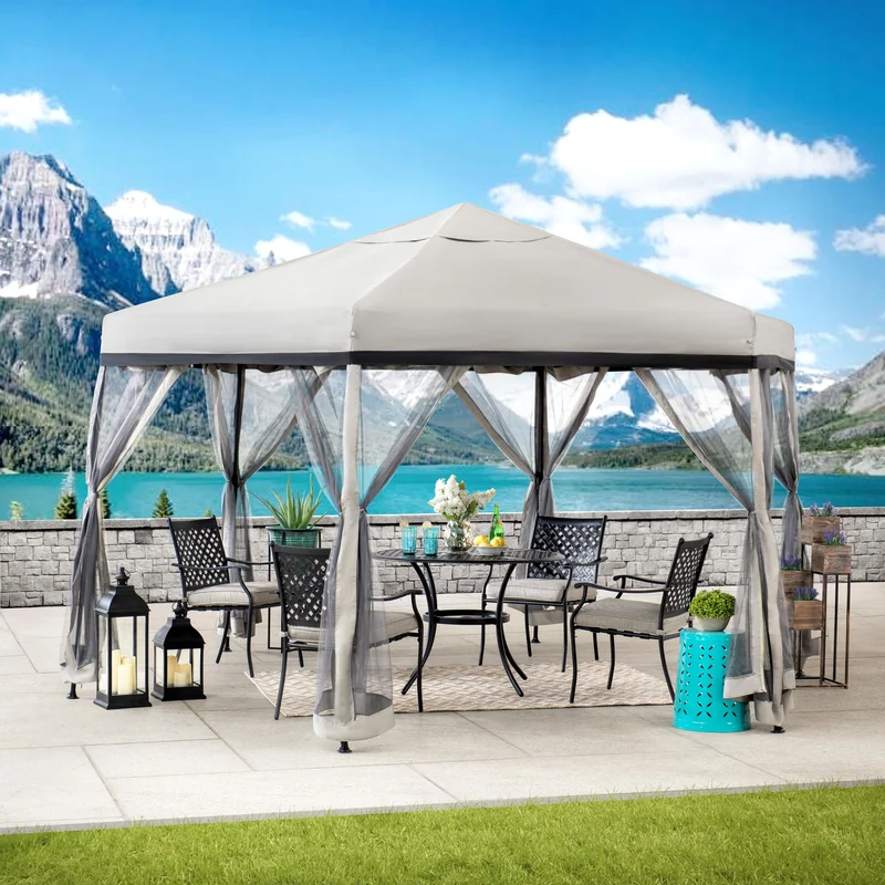 11 ft. x 11 ft. Gray and Black 2-tone Pop Up Portable Hexagon Steel Gazebo