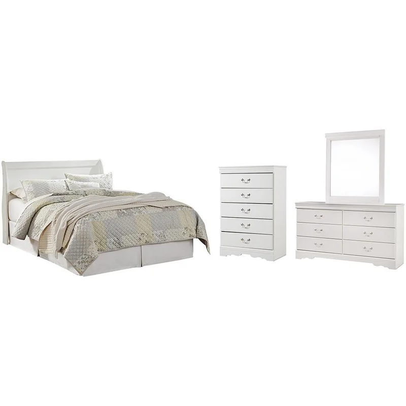 Anarasia Queen Sleigh Headboard Bed with Mirrored Dresser and Chest