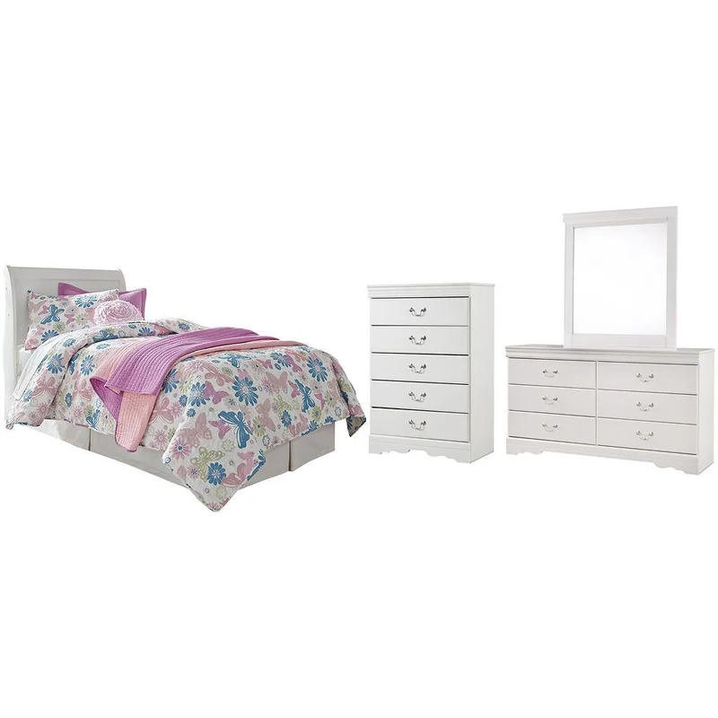 Anarasia Twin Sleigh Headboard Bed with Mirrored Dresser and Chest