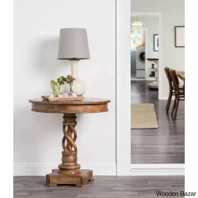 Tall Solid Wood Pedestal End Table - Wooden Bazar