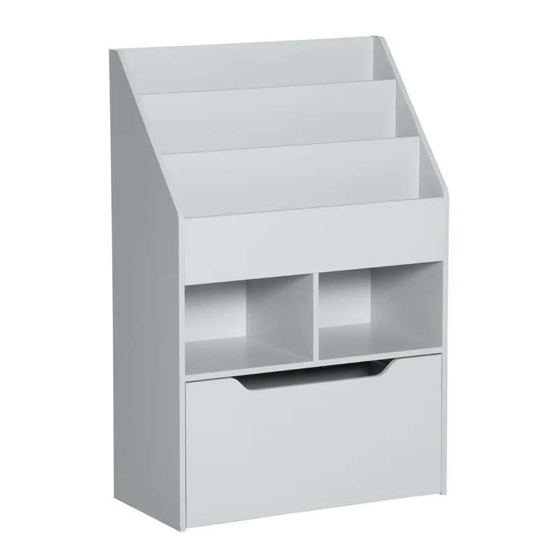 3 Tier Kids Bookshelf with Storage Drawer and Wheels - Grey