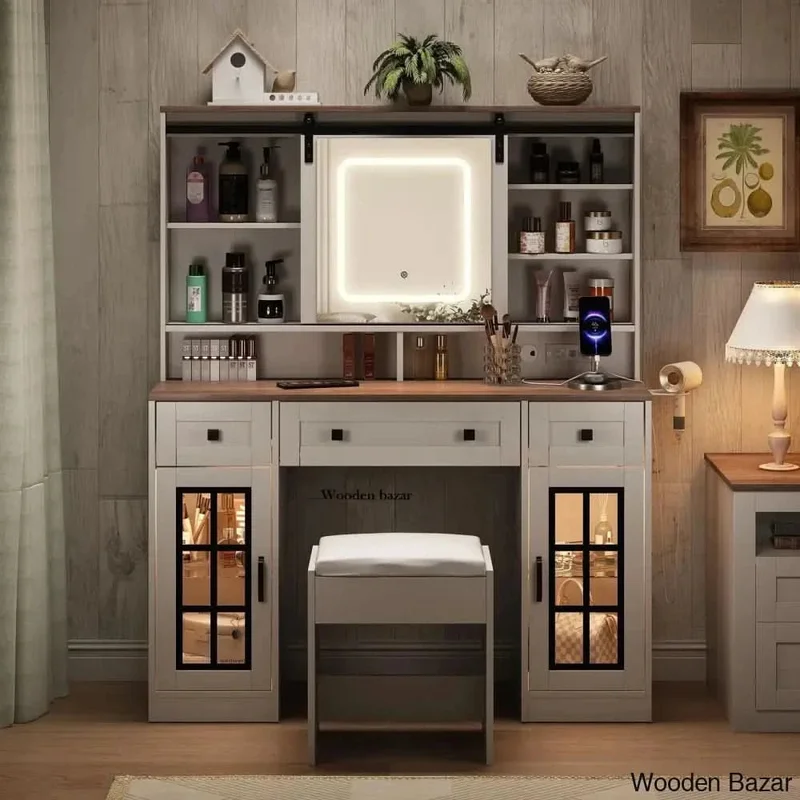 Myamarie Vanity Dressing Table With Lighted Mirror and Stool