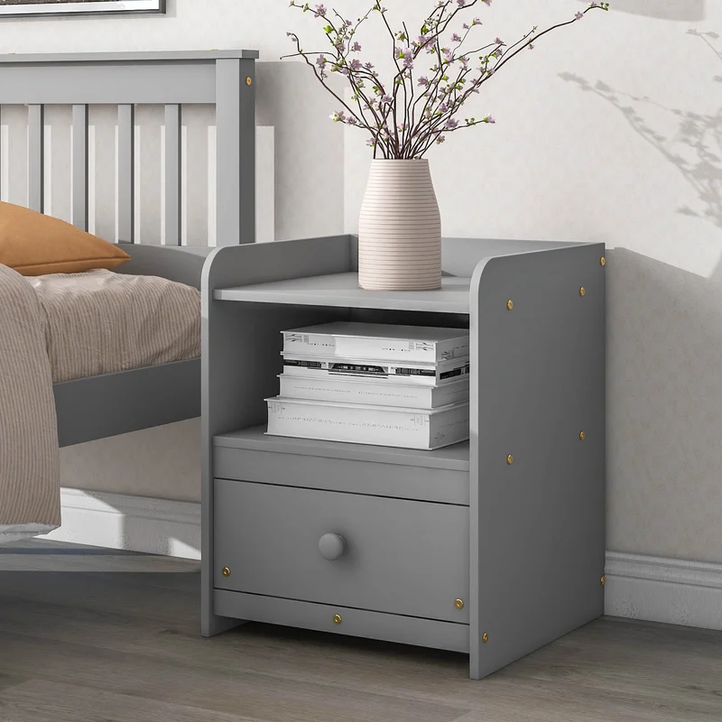 Nightstand Bedside Table with Open Storage Cabinet DrawerGrey