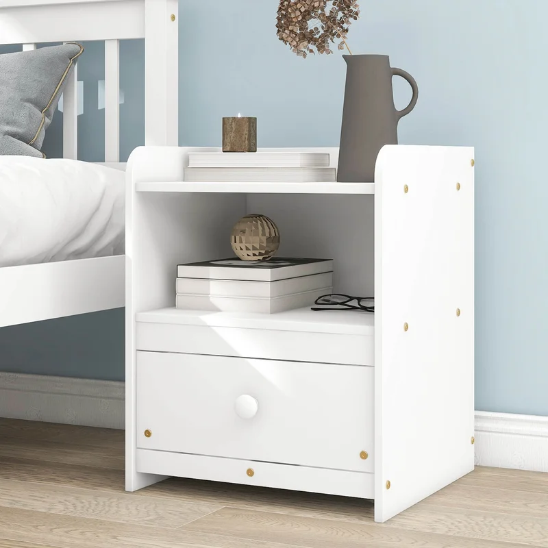 Nightstand Bedside Table with Open Storage Cabinet DrawerWhite
