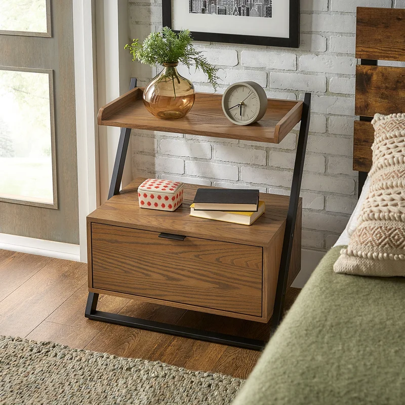 Two-tone Black & Oak finish Nightstand - 1-Drawer with 1 Shelf