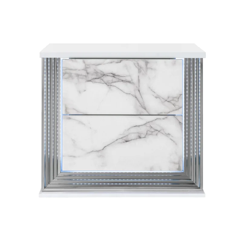 Ylime White Marble Nightstand With Led | Global Furniture USA
