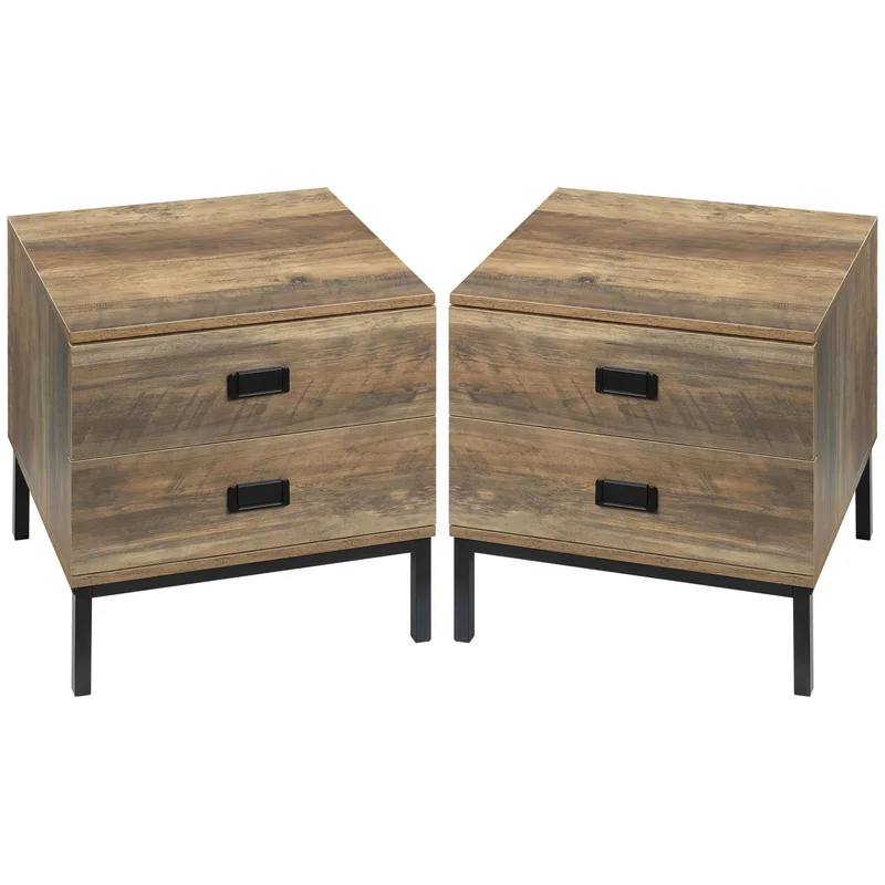 Set of 2 Retro Bedside Tables with Metal Frame - Coffee