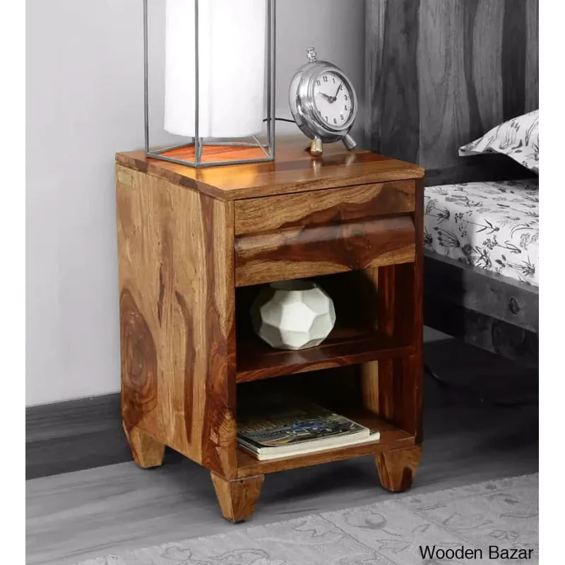 Wooden Solid Wood Bedside Table In Rustic Teak Finish
