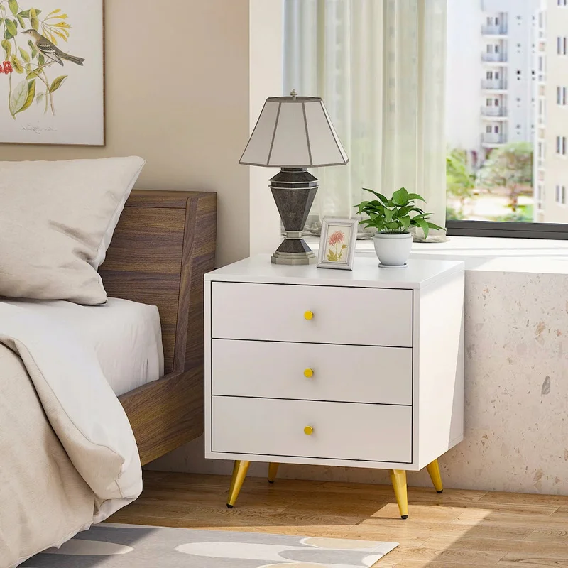 White Nightstands Bedside Table End Table Gold Metal Legs 1 Pcs